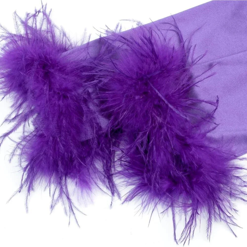 Women's Evening Purple Feather Long Satin Gloves Stretchy Halloween Costume
